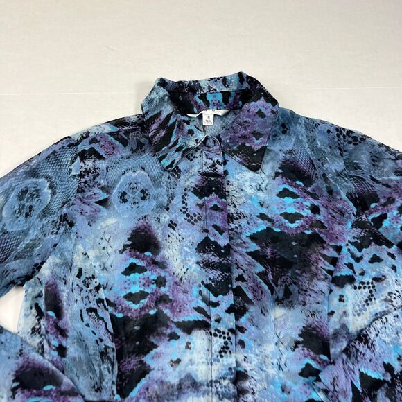 Cabi Button Down Blouse Long Sleeve Top Blue Abstract Print Artsy Work Shirt S - Picture 3 of 12